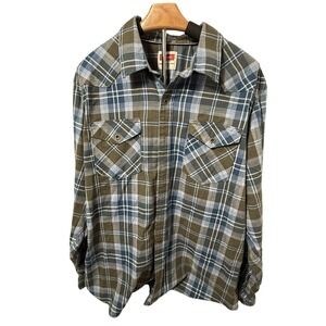 Wrangler Plaid Western Shirt Mens XL Green Blue Long Sleeve Button Front Stretch